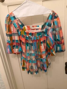 Marie Oliver Multicolor Plaid Square-Neck Peplum Blouse